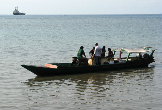 Mehed sorteerivad oma paadis kalu